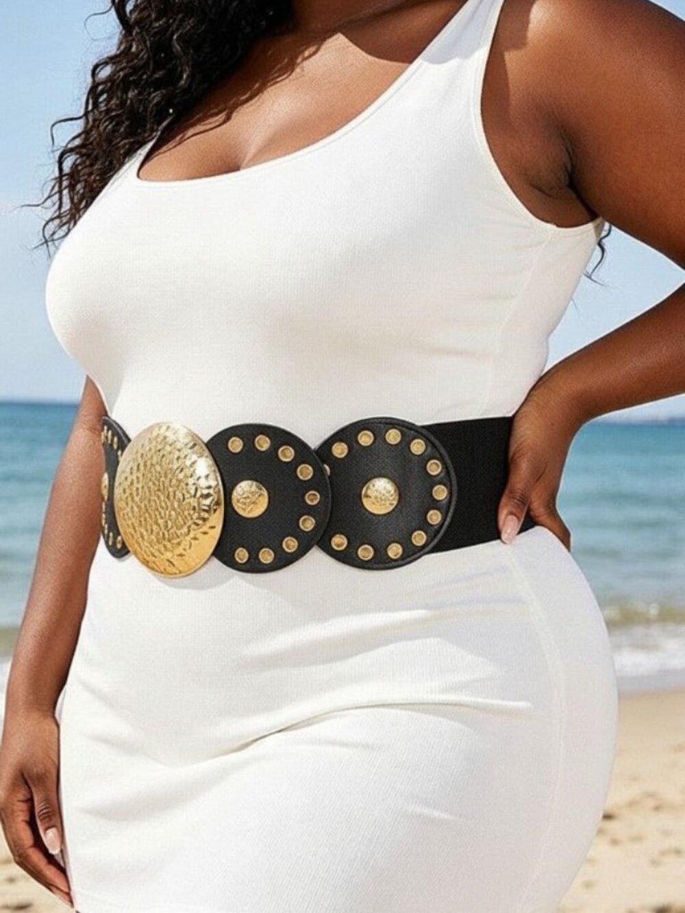 BNWT Plus Size Boho Western Hammered Disk Buckle Elastic Fashion Belt-Gold